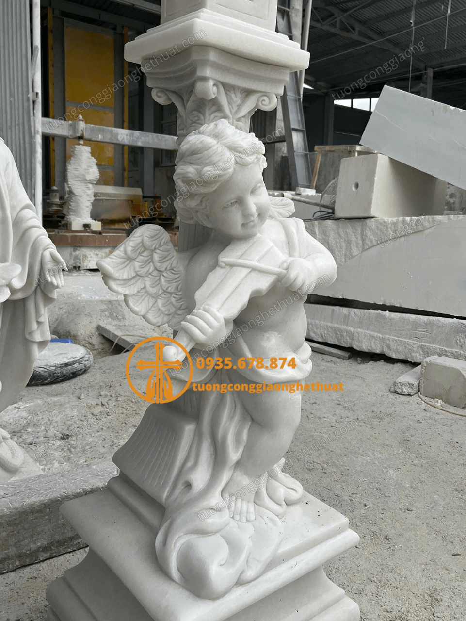 Tượng Thiên Thần Đánh Đàn Bằng Đá Trắng Đẹp Cao Cấp
