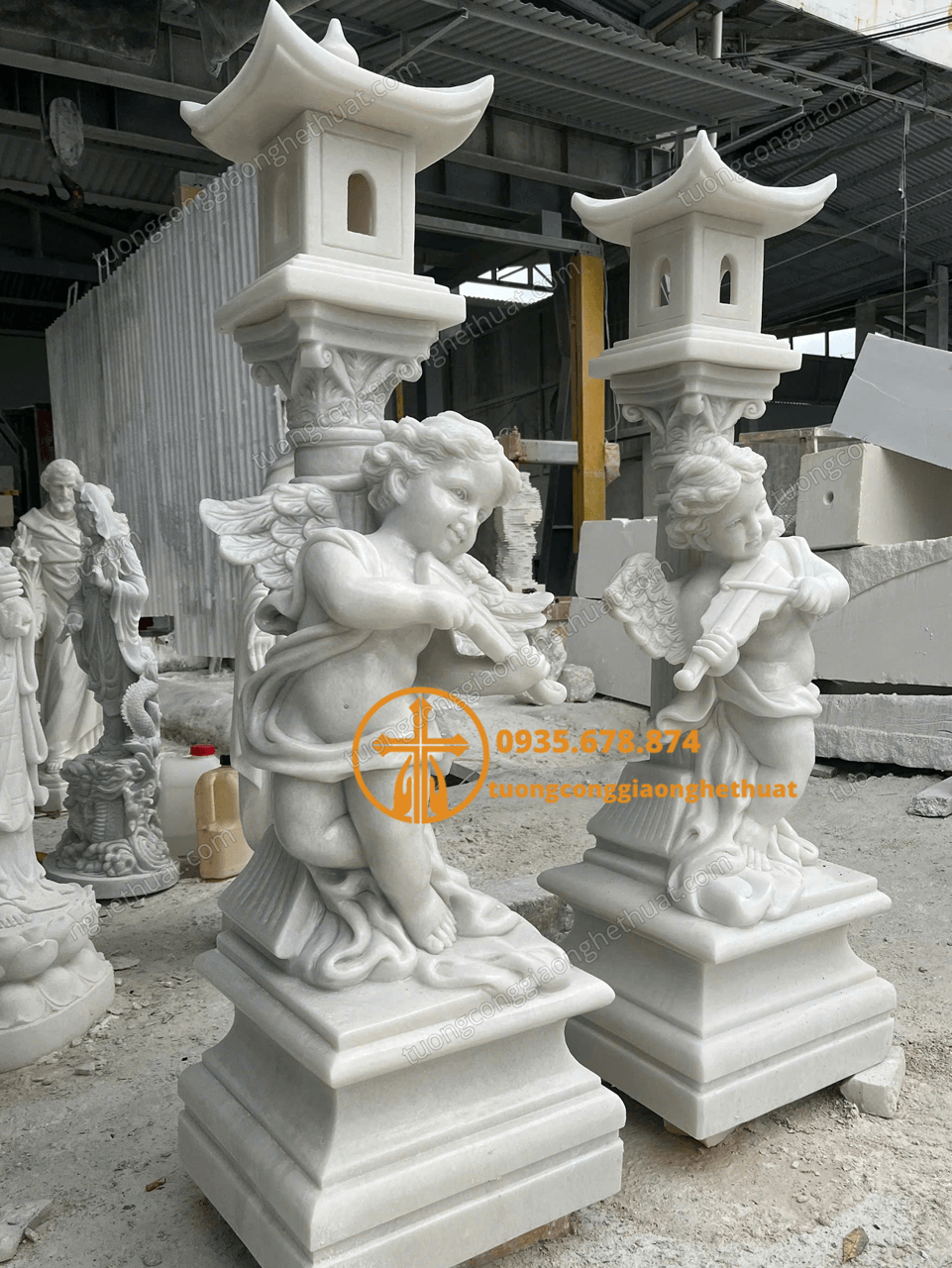 Tượng Thiên Thần Đánh Đàn Bằng Đá Trắng Đẹp Cao Cấp