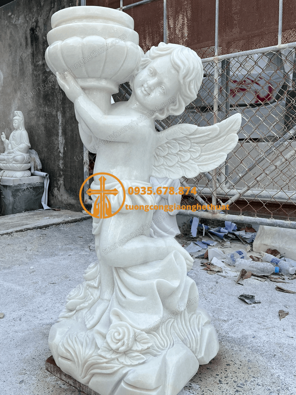 Tượng Thiên Thần Bê Chậu Bằng Đá Trắng Đẹp Nguyên Khối