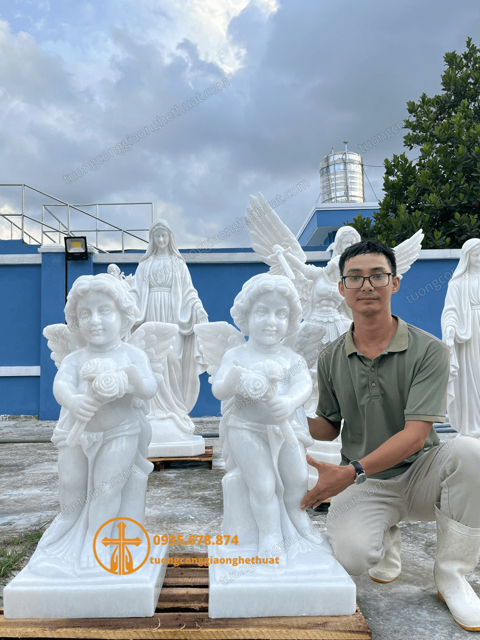 Mẫu Tượng Thiên Thần Cầm Hoa Size Nhỏ Trang Trí Nhà Thờ